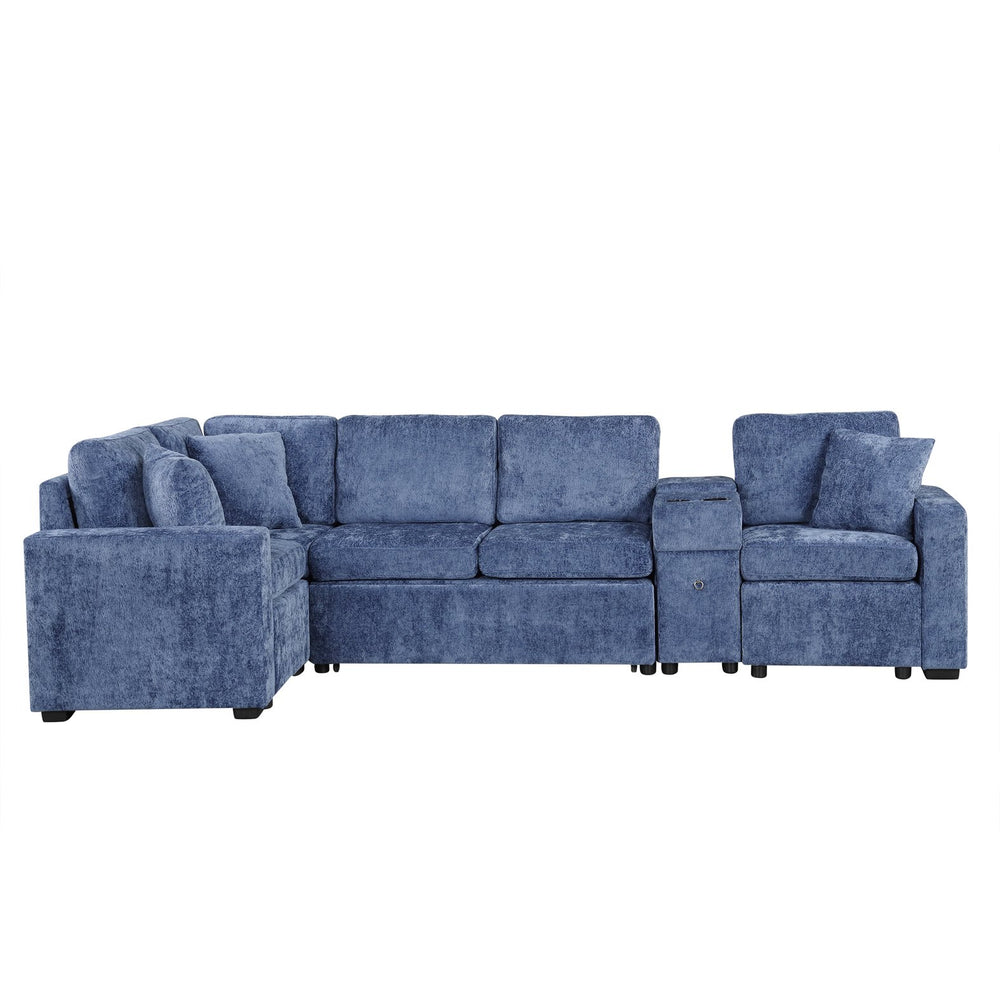 English Elm 120.5" L-shaped Convertible Sofa Bed Modular Sectional with Pull-Out Sleeper, Chenille, Storage, Cup Holders Blue N719S001940C