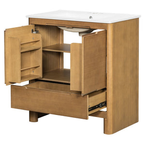 English Elm [video] 30 Inch Freestanding Bathroom Vanity Pine Legs Ceramic Sink Soft Close Storage Natural N759P412928N