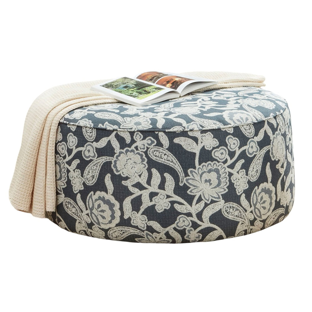 English Elm Floral Navy Vintage Round Ottoman 39"L x39"W x18"H — Two-Tone Floral Upholstery, Cord Trim Comfort B2741P355865