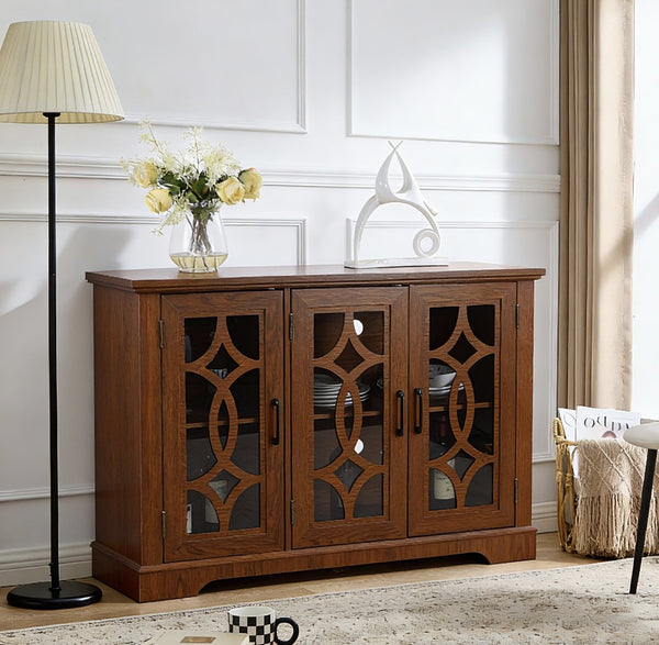 English Elm 48.66" Wide Tempered Glass Door Buffet Sideboard with Adjustable Shelves Dark Finish Dark Oak W2899P372745