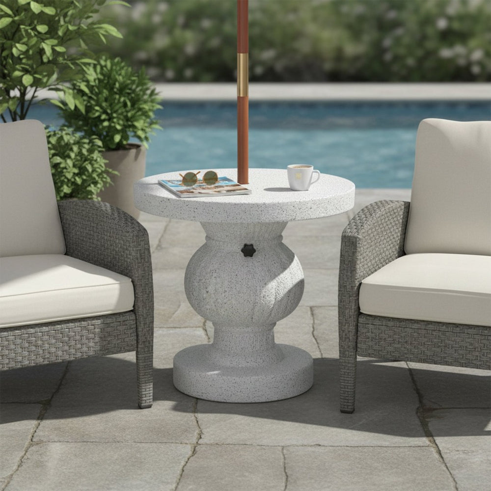 English Elm Berra Mgo Outdoor Umbrella Base Side Table Carved Leaf Marble Patio Accent N775P362775W