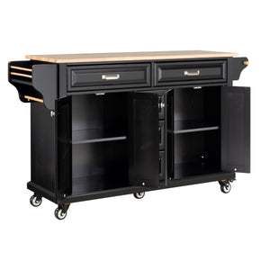 English Elm Kitchen Island durable rubberwood countertop kitchen cart on casters with towel rack, spice shelf, 5 drawers and adjustable shelving for organized meal prep and mobility Black W914S00003