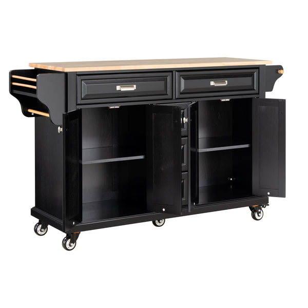 English Elm Kitchen Island durable rubberwood countertop kitchen cart on casters with towel rack, spice shelf, 5 drawers and adjustable shelving for organized meal prep and mobility Black W914S00003