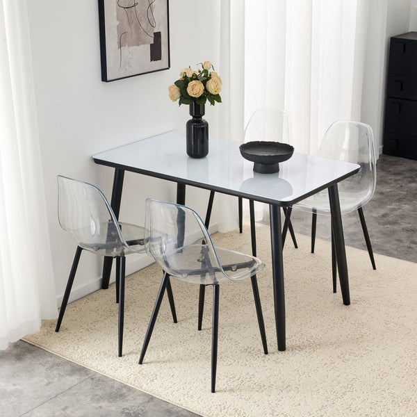 English Elm Table and Chair Set Marble Glass Top with Black Mdf Shelf Four Transparent Seats W1151S04663