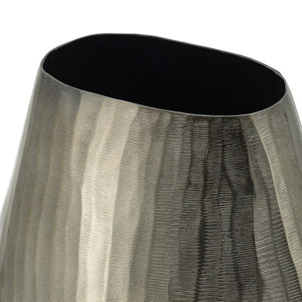 English Elm 9.5x5.5x12" Aluminum Layered Chisel Oval Vase — Smoke Silver Metallic Finish, Vertical Texture Centerpiece Decor W2078P316485