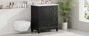 English Elm Christopher Knight Home® - 30" Freestanding Bathroom Vanity with Ceramic Sink, Soft-Close Door, Gold Knobs & 3 Drawers, Durable Painted Finish Black N759P225994B