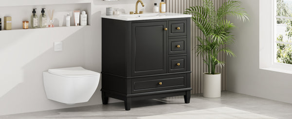 English Elm Christopher Knight Home® - 30" Freestanding Bathroom Vanity with Ceramic Sink, Soft-Close Door, Gold Knobs & 3 Drawers, Durable Painted Finish Black N759P225994B