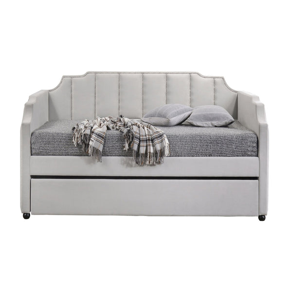 English Elm Dove Velvet Tufted Daybed with Trundle — Dove Gray Arched Back, Chrome Nailhead Trim, Black Legs (Twin) B062S00473