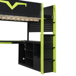 English Elm Full Size Gaming Loft Bed with Desk Rgb Lighting Power Outlet and Storage Drawer Green LT000285AAF
