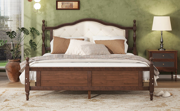 English Elm Queen Pine Upholstered Headboard Bed in Walnut — Modern Minimalist Queen Platform with Dual Support Feet, Space-Saving Design W504P268435