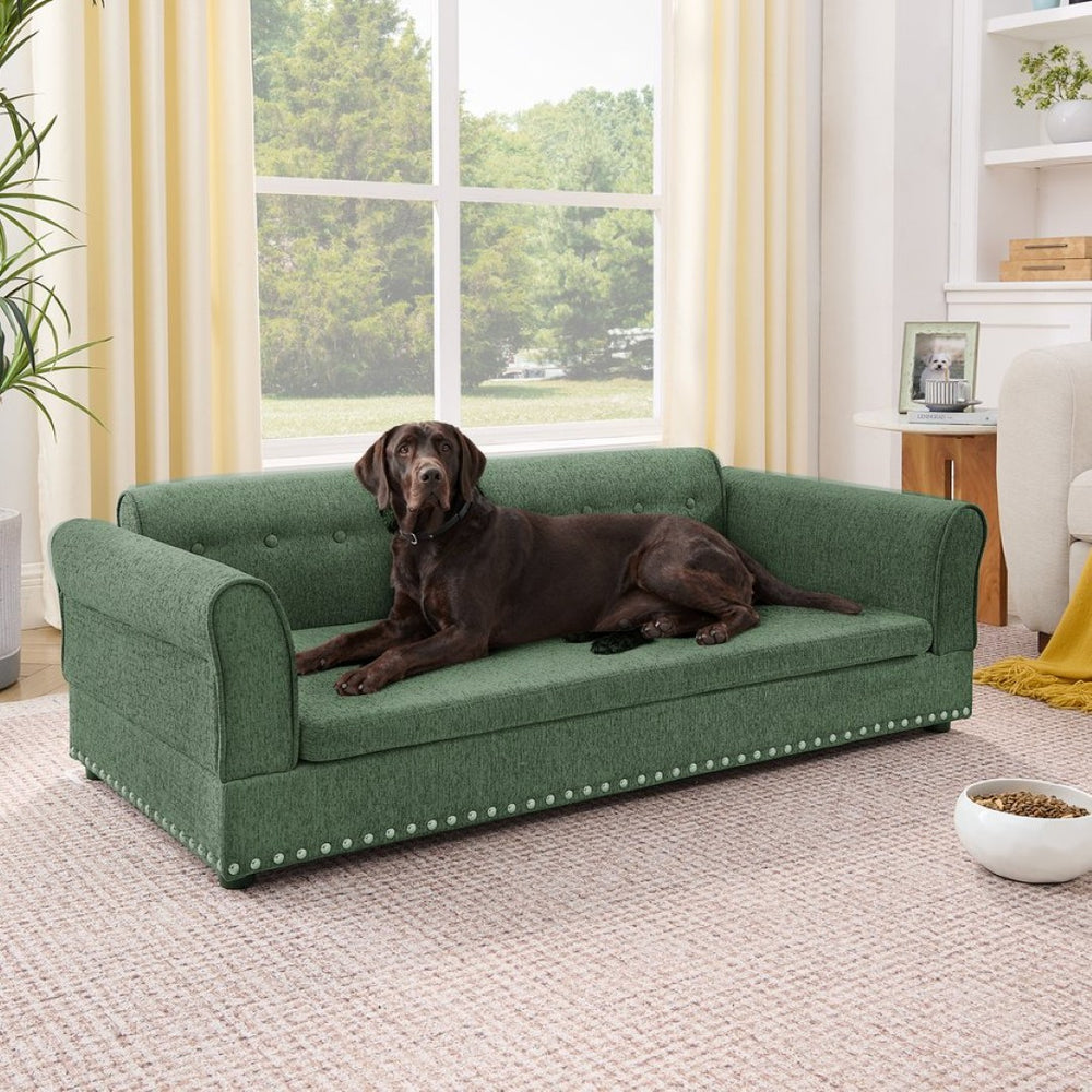 English Elm Oversized Linen Pet Sofa with Backrest Armrests Rubberwood Frame for Large Dogs W487P430326