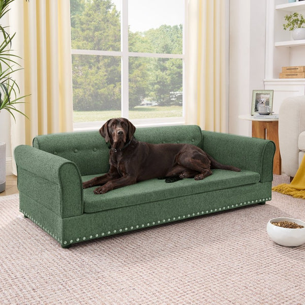 English Elm Oversized Linen Pet Sofa with Backrest Armrests Rubberwood Frame for Large Dogs W487P430326