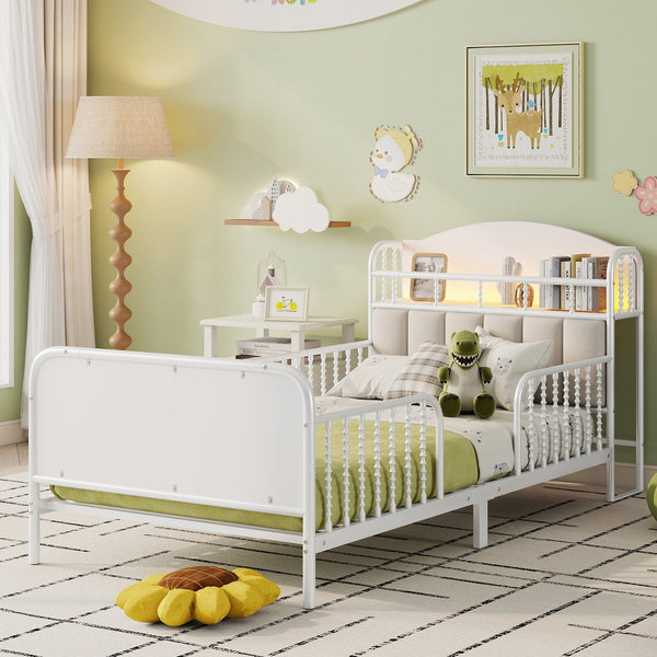 English Elm Twin Solid Wood Platform Bed with Guardrail for Kids, Low-Profile Sturdy Pine Frame, Safe Sleep Solution White 43.7 L x 16.93 W x 9.65 H W2593P337432