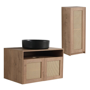 English Elm 30" Floating Bathroom Vanity Set with Ceramic Vessel Sink and Rattan Side Cabinet W999S00496