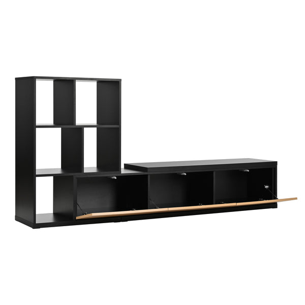 English Elm ON-TREND Extendable TV Stand 74.8"-126" with 3-Tier Shelves, Sliding Tabletop & Cabinets for Organized Living Room Black WF531669AAB