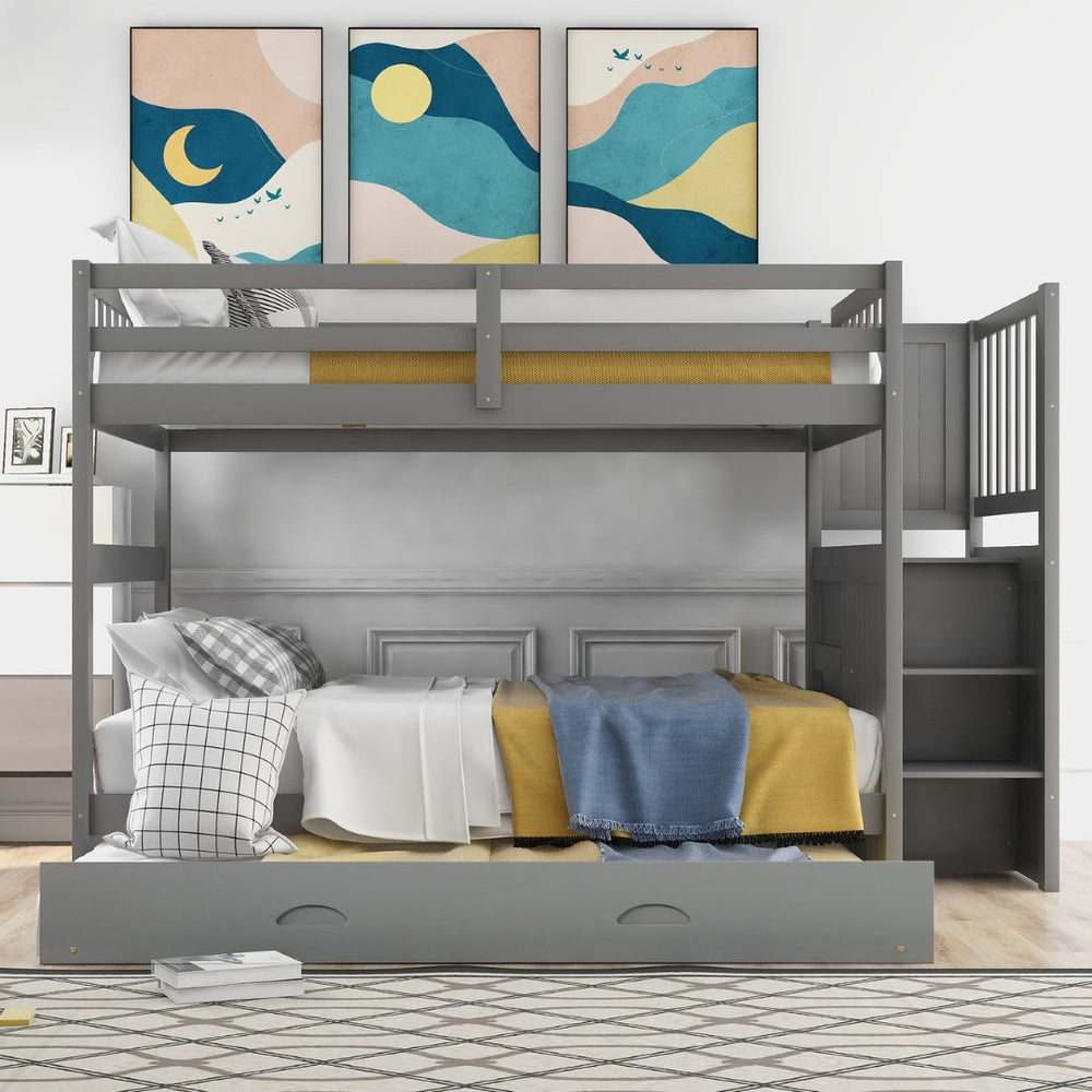 English Elm Full Over Staircase Bunk Bed with Twin Trundle and Built-in Storage Drawers LT000126AAE-2