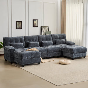 English Elm 119" 4-Seater Sofa with 2 Ottomans - Adjustable 4-Position Backrests, 350lb/Seat, Plush Chenille Blue W2606S00038