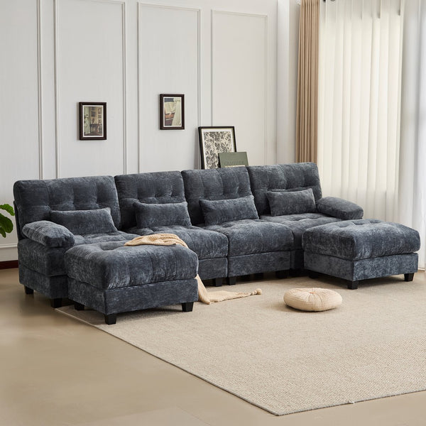 English Elm 119" 4-Seater Sofa with 2 Ottomans - Adjustable 4-Position Backrests, 350lb/Seat, Plush Chenille Blue W2606S00038