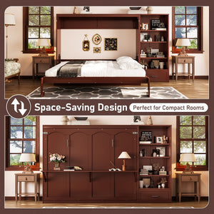 English Elm Queen Murphy Bed with Built-In Shelves, Height-Adjustable Storage & Drawer for Small Spaces Walnut 71.6 L x 21.5 W x 6.1 H N733S309223D