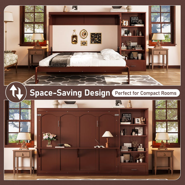 English Elm Queen Murphy Bed with Built-In Shelves, Height-Adjustable Storage & Drawer for Small Spaces Walnut 71.6 L x 21.5 W x 6.1 H N733S309223D