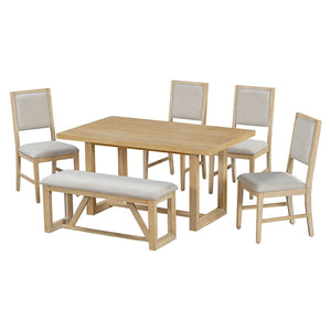 English Elm TREXM Retro 6-Piece Dining Set with Trestle Table, Upholstered Chairs & Bench for Cozy Gatherings Natural ST000124AAN