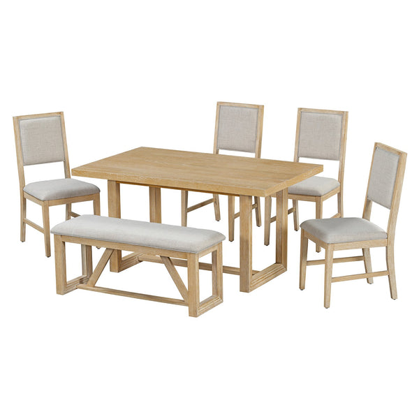 English Elm TREXM Retro 6-Piece Dining Set with Trestle Table, Upholstered Chairs & Bench for Cozy Gatherings Natural ST000124AAN