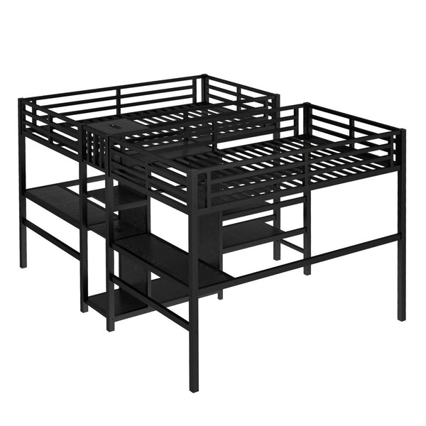 English Elm Twin Metal Loft Bed with Study Desk Wardrobe Shelving and Outlet for Kids Rooms Black W1580S00371
