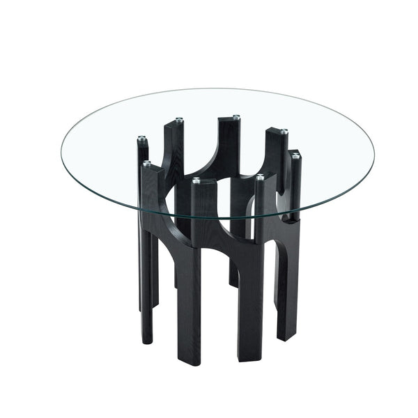 English Elm Round Tempered Glass Dining Table Sculptural Geometric Mdf Base Seats Four Compact Black W3875P387177