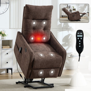 English Elm Beige Chenille Power Lift Recliner with Massage Heat and Usb for Senior Comfort Brown W1803P369080