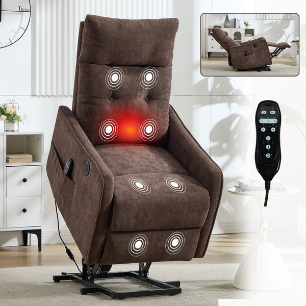 English Elm Beige Chenille Power Lift Recliner with Massage Heat and Usb for Senior Comfort Brown W1803P369080