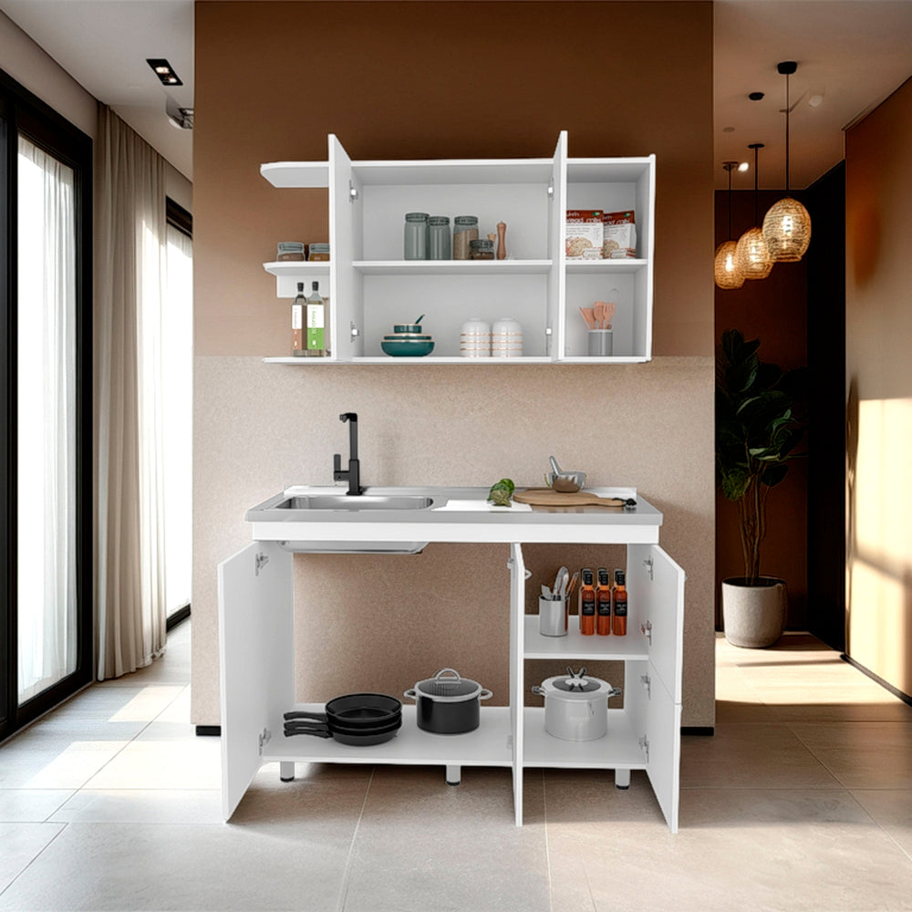 English Elm White Multifunctional Kitchen Cabinet Set—Modern Melamine Storage with Drawers, Shelves & Sleek Design B062S01383