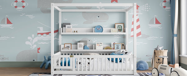 English Elm Full House Floor Bed with Door and Guardrails for Kids, Solid Wood Double Full, Safe Play Nook Light White W1580P359331