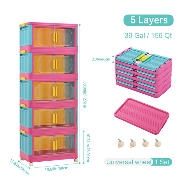 English Elm Happy 20" Side Wide Folding Storage Cabinet with 5 Tiers, Wheels, Magnetic Door, Durable PP Design Pink+Blue W2873P279886