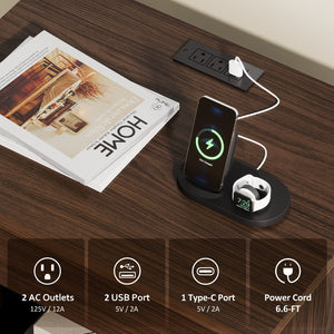 English Elm Rustic Wood End Table With 2-Tier Design, Integrated Charging & Led Lighting For Stylish Storage W1550P330031-GIGA