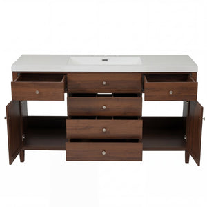 English Elm 60" Boutique Bathroom Vanity Rattan Doors Soft Close Drawers Smc Sink Pine Legs Brown N817P397678B