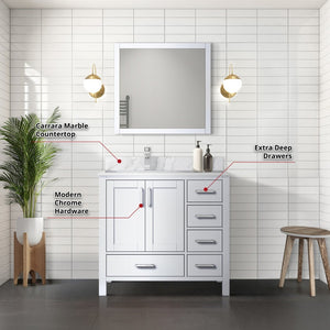 English Elm White Bath Vanity Set With Left Offset Carrara Marble Top, Faucet, And 34-In. Mirror For Stylish Upgrades B2731S01256-GIGA