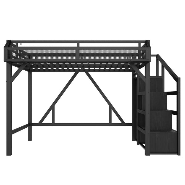 English Elm Full Xl Over Twin Triple Metal Bunk Bed with Storage Stairs and Shelves Black Black+Natural W1580S00407