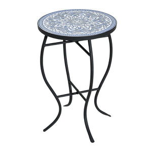English Elm Outdoor Mosaic Ceramic Tile Round Side Table with Curved Wrought Iron Patio Accent Black,Blue,White N773P365597B
