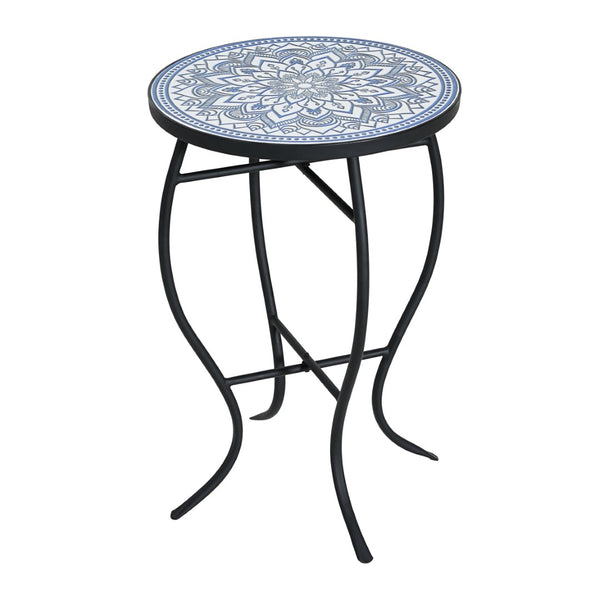 English Elm Outdoor Mosaic Ceramic Tile Round Side Table with Curved Wrought Iron Patio Accent Black,Blue,White N773P365597B