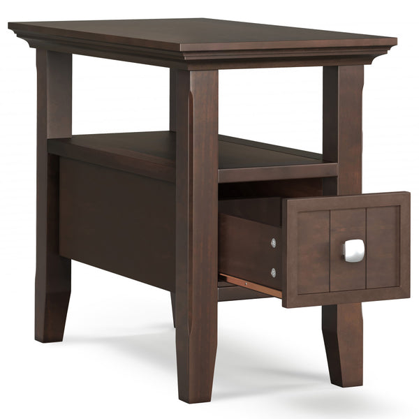 English Elm Acadian Solid Wood Narrow Side Table with Drawer Brunette Brown — Handcrafted, Tapered Legs, Shelf, 24" D x 14" W x 20" H B136P203467