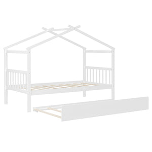 English Elm Twin House Bed Solid Pine Cottage Frame with Pull Out Trundle for Kids Bedroom White N708P309238K