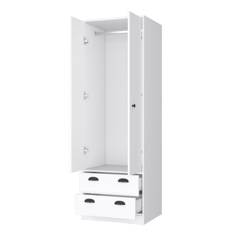 English Elm Denton White Armoire with Hanging Rod, Two Spacious Drawers & Stylish Handles for Organized Storage B128S00122