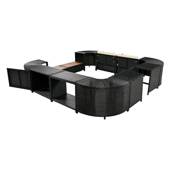 English Elm Spa Surround Quadrilateral Outdoor Rattan Sectional Sofa Set with Wooden Seats, Storage & Cushions Beige SZ000070AAA