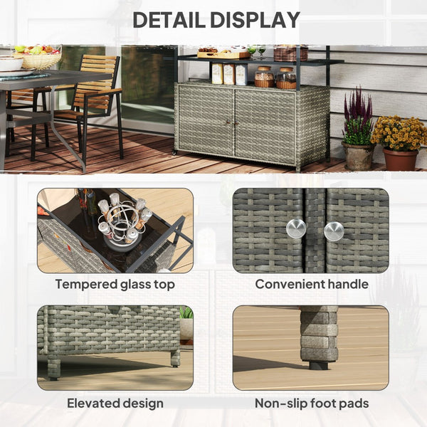English Elm Outsunny Pe Rattan Outdoor Bar Cart with Glass Top Cabinet and Rolling Wheels W2225P485562