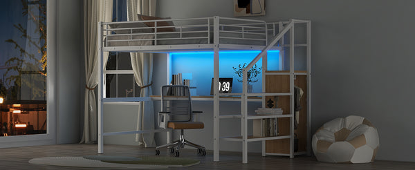 English Elm Full Size Metal Loft Bed With Desk, Storage Staircase, Wardrobe & Led Light For Small Spaces GX000620AAK-1