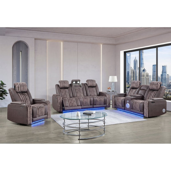 English Elm Duran Power Reclining Set with Led Lighting Bluetooth Speaker and Motorized Headrest Brown B201S00475