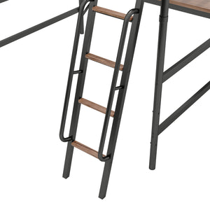 English Elm Full Size Metal Loft Bed with Desk, LED Light & Charging Station, MDF Panels, Safe Rounded Edges W2580P286695