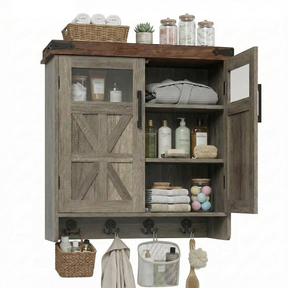 English Elm Bathroom Wall Cabinet Over Toilet with Adjustable Shelves and Built in Towel Hook Grey+Brown T5831P489009