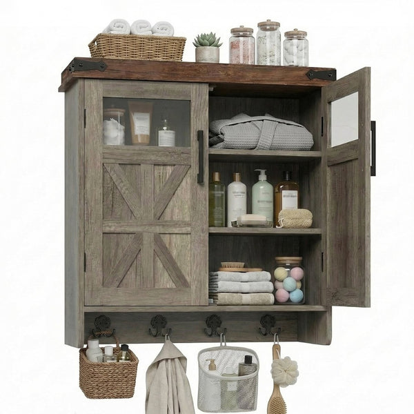 English Elm Bathroom Wall Cabinet Over Toilet with Adjustable Shelves and Built in Towel Hook Grey+Brown T5831P489009