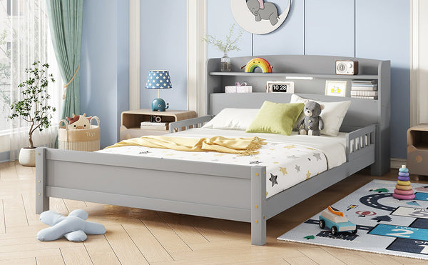 English Elm Full Pine Wood Bed with Bookcase Headboard and LED Motion Sensor Light, Guardrails & Storage Space Grey W504P277598